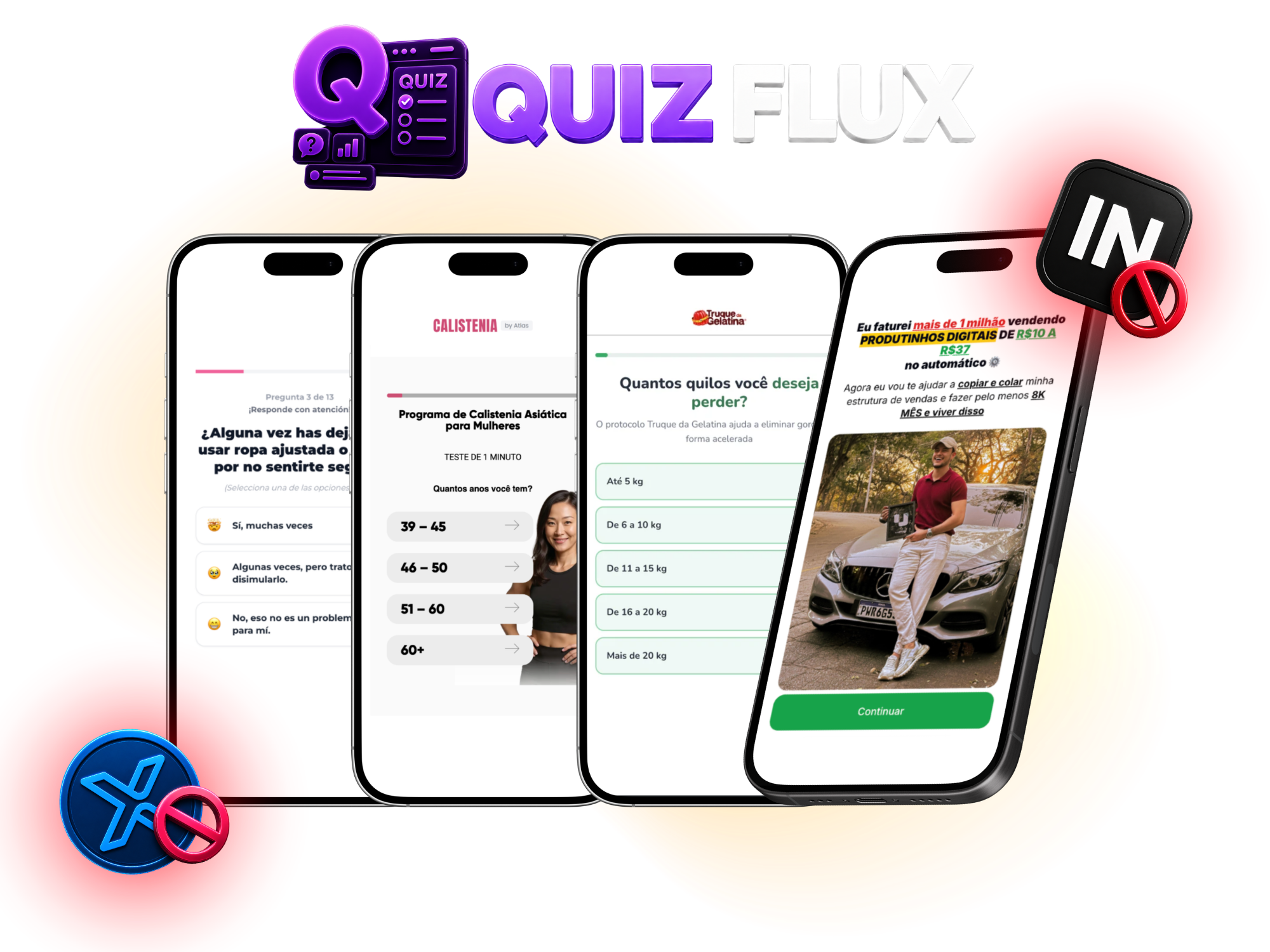 Mockup do Quizz Flux com telas de quizzes em celulares